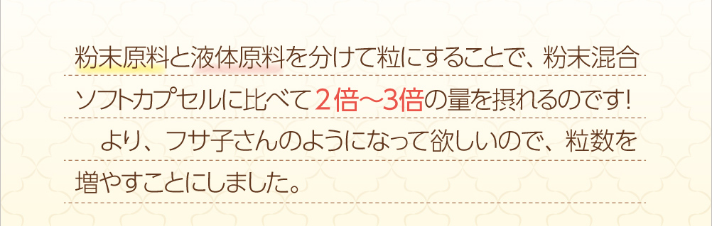 粉末原料と液体原料を分けて粒にすることで、粉末混合ソフトカプセルに比べて2倍～３倍の量を摂れるのです！より、フサ子さんのようになって欲しいので、粒数を増やすことにしました。